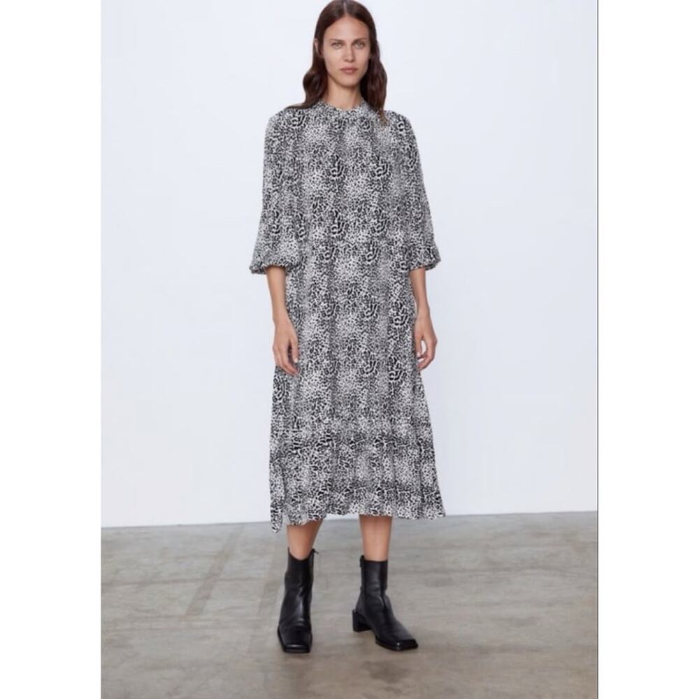 NWT Zara Black White Leopard Animal Print Midi Dress XS New